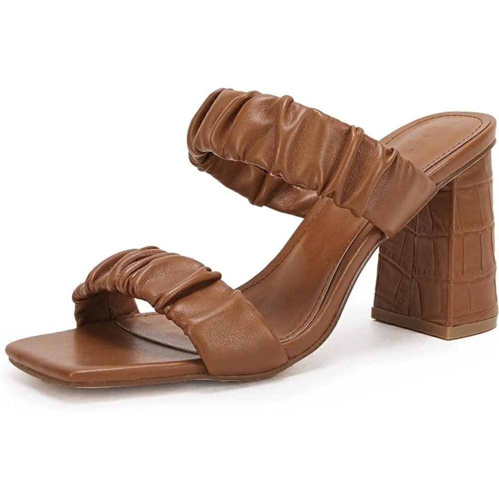 Coutgo Scrunch Stretch Strap Chunky Heeled Slip on Slides Backless Block Sandals